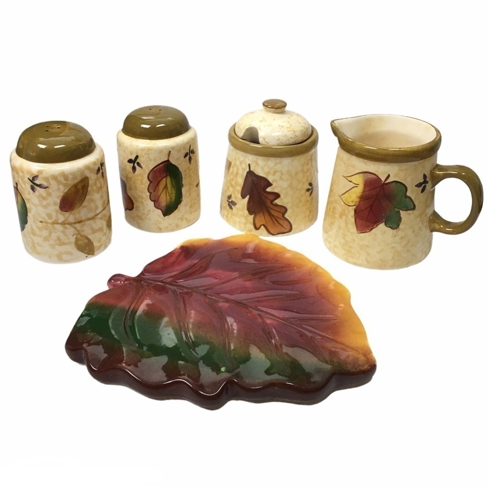 HARVEST Leaf Design Serving Set Thanksgiving Creamer Sugar Salt Pepper Ceramic